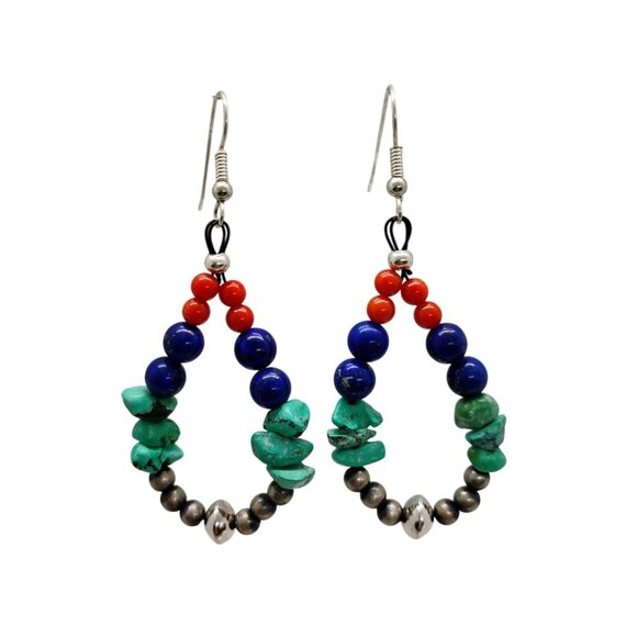 Multi-stone Sterling Silver Navajo Pearl Bead Teardrop Hoop Dangle Earrings - Picture 2 of 3